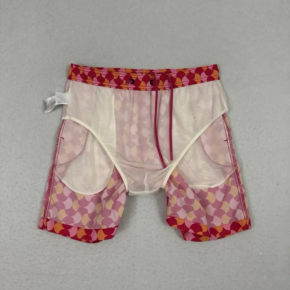 Psycho Bunny Swim Trunks Mens Small Pink Orange Geometric Lined Beach Shorts